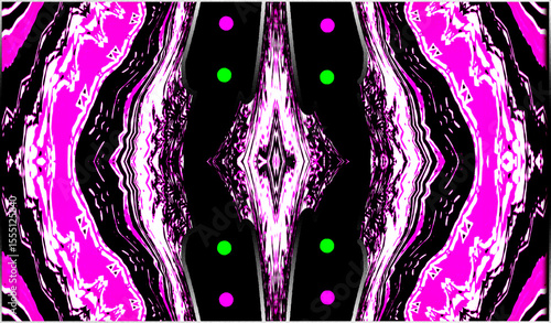 фотографія A kaleidoscopic pattern features pink and black wavy lines, framing a central diamond shape on a dark background