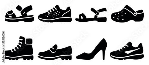 Footwear silhouette icon set. sandals, sneakers, heels, boots stylish silhouettes