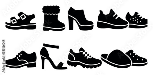 Footwear silhouette icon set. shoes, boots, sandals, sneakers collection