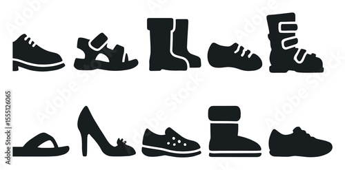 Footwear silhouette icon set. shoes, boots, sandals in stylish silhouette design