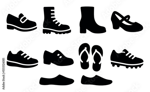Footwear silhouette icon set. shoes, boots, sandals silhouette collection
