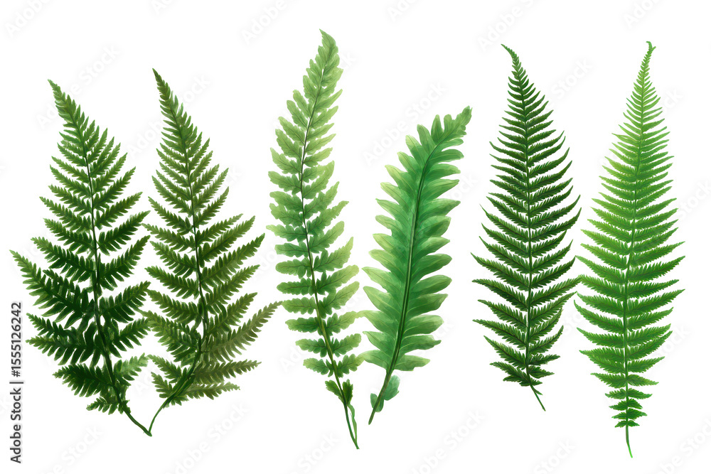 Fresh green fern leaves isolated on a light background showcasing their intricate patterns and vibrant hues for nature enthusiasts or botanical illustrations