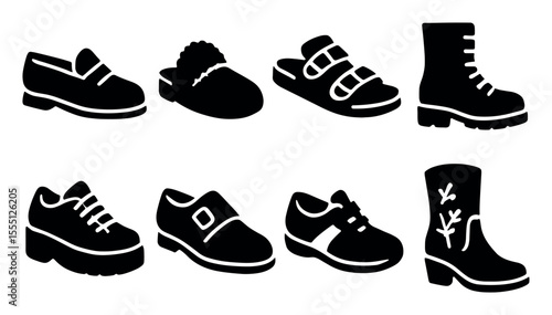 Footwear silhouette icon set. shoes, boots, sandals silhouette collection