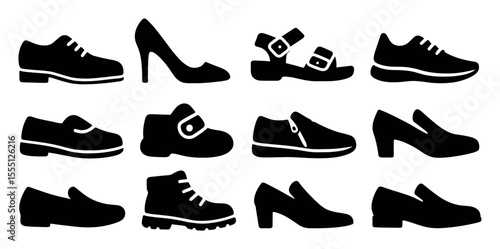 Footwear collection silhouette icon set. shoes, boots, sandals in a sleek silhouette design