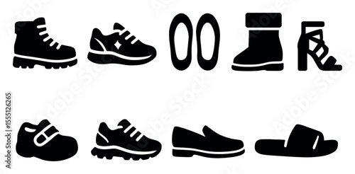 Footwear silhouette icon set. shoes, boots, sandals, flats in solid silhouette