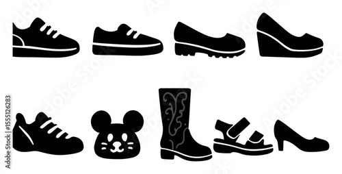 Footwear and animals silhouette icon set. shoe, mouse, boot silhouettes collection