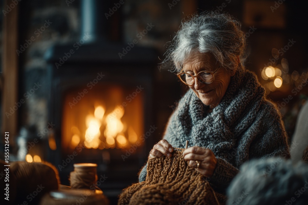 Fototapeta premium A senior woman enjoys knitting a warm scarf while sitting in a charming cabin by a glowing fireplace during a chilly evening