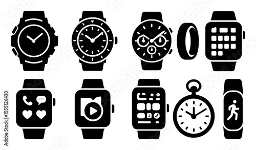 Smartwatch silhouette icon set. wearable technology, time, fitness monitoring symbols