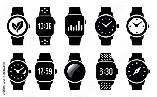 Watch, timekeeping silhouette icon set. stylish, minimalist clocks silhouette collection