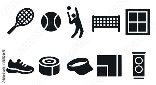 Sports and fitness solid icon set: tennis, volleyball, accessories graphics collection