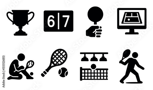 Sports and games silhouette icon set. trophy, scoreboard, tennis, ping pong icons