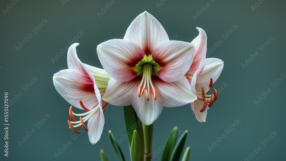 Fototapeta premium A lily flower with white petals and red streaks, blooming with green foliage background.