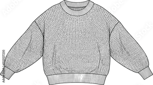 Detailed knitted sweater flat sketch, long sleeve, front view, round neckline, fashion CAD drawing for apparel design, vector template