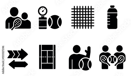 Sports solid icon set: tennis, basketball, and fitness silhouette icons collection