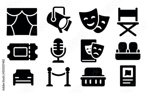 Theater, drama filled icon set. performance, stage icons filled collection