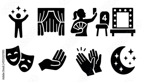 Theater and performance silhouette icon set. drama, stage art symbols collection