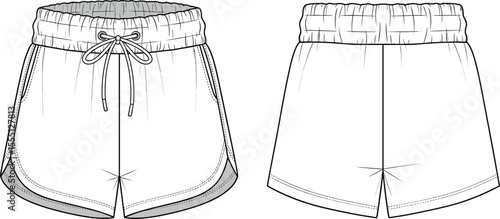Sporty running shorts technical flat sketch, vector cad drawing with drawstring waist, curved hem, elastic band, fashion apparel design
