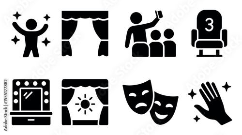 Theater, performance silhouette icon set. drama, stage entertainment icons collection