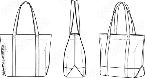 Tote bag front, side and perspective view, cad fashion sketch, technical flat design, vector illustration, handbag pattern drawing