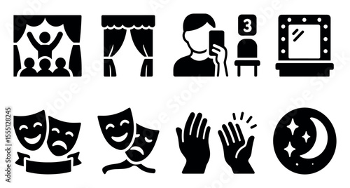 Theater, drama solid icon set. performance, stage, art, mask, curtain, applause icons