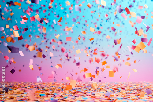 Colorful festive confetti background, vibrant celebration theme with scattered multicolored paper pieces, playful and joyful party atmosphere