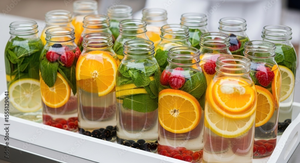 Row of infused water bottles with citrus fruits and mint on white tray, outdoor setting with greenery Row of infused water bottles with citrus fruits and mint on white tray, outdoor setting with greenery