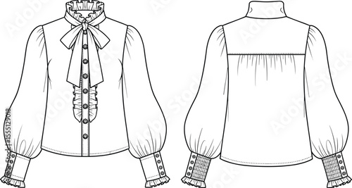 Victorian romantic blouse technical fashion flat, vector cad sketch with ruffled collar, bow tie bishop sleeves, detailed sewing pattern template