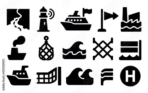 Navigation, nautical solid icon set. marine, ocean, sea journey icons collection