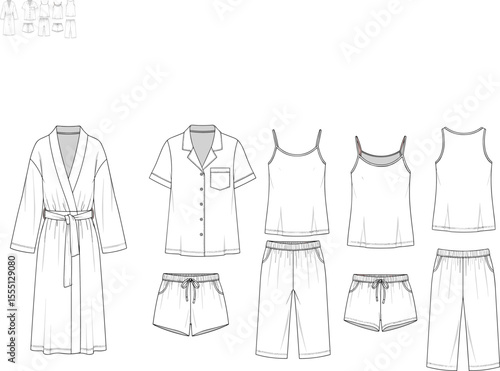 Women's sleepwear flat sketch, robe, pajama top, cami, shorts, pants, nightwear template, vector fashion drawing, technical illustration