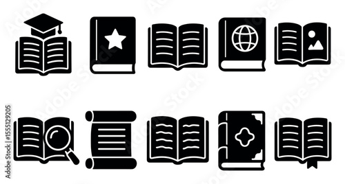 Education and learning solid icon set: books, graduation, global knowledge icons