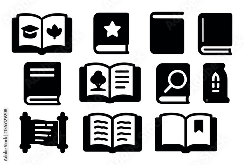 Education and reading solid icon set. books, learning, study symbols in solid style