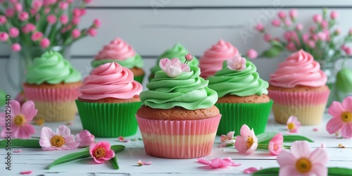Wallpaper Mural Colorful cupcakes with green and pink frosting, topped with small flowers, surrounded by pink and white blossoms on a light wooden surface. Torontodigital.ca