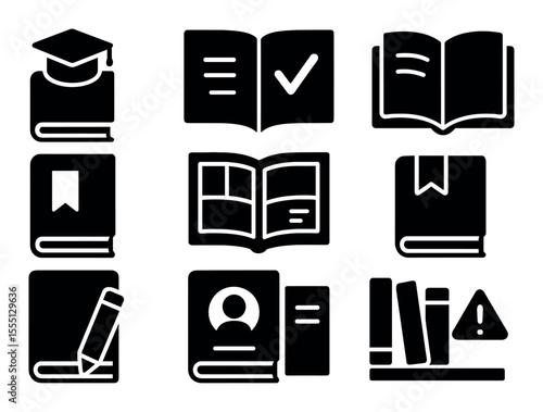 Education and learning solid icon set. books, graduation, literacy symbols collection