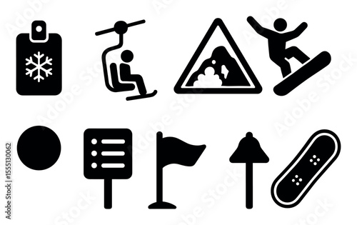 Winter sports solid icon set. snowboarding, skiing, and snow activities graphics.