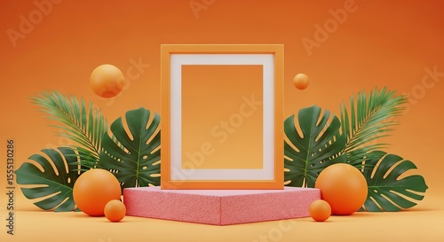 Blank frame on pink pedestal with orange backdrop, surrounded by tropical leaves and orange spheres