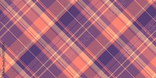 Warm, textured plaid pattern in shades of orange, purple and beige. Great for backgrounds, textiles, designs, or creative projects needing a classic, cozy touch.