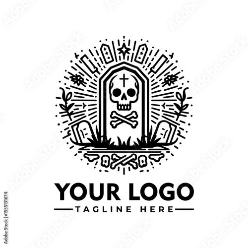 A black and white logo featuring a skull, tombstone, and crossbones.
