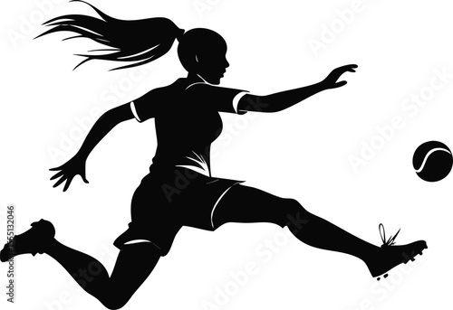 Dynamic Silhouette of a Female Soccer Player Kicking a Ball with Power and Grace on a Clean White Background for Sports Illustrations