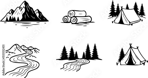 Black and white camping icons mountains logs tent river and forest.

