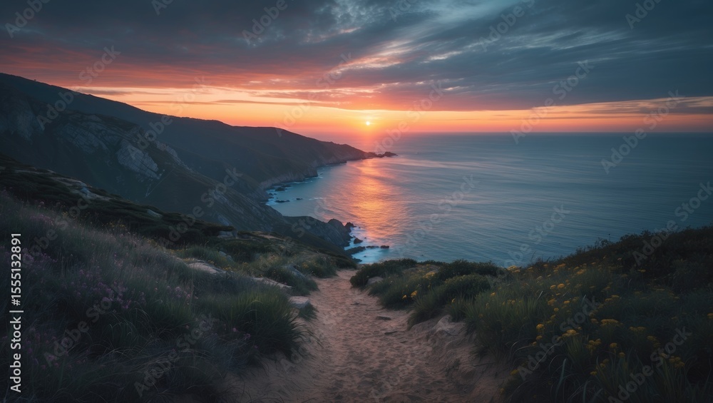 Fototapeta premium Coastal landscape at sunset with a pathway leading toward the ocean and mountains, vibrant sky, and reflective water. Nature and sunset scenery. Tranquil and scenic outdoor view.