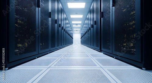 Long sterile corridor with rows of dark server racks and illuminated ceiling lights