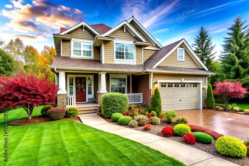 Modern Luxury House Exterior with Lush Garden and Elegant Landscaping Design, Created with AI Generative