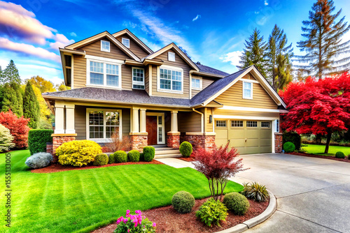 Stunning Luxury House Exterior with Elegant Landscaping and Lush Garden, Created with AI Generative