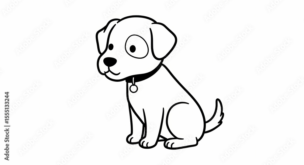 Fototapeta premium Sitting Puppy Cartoon with Collar in Black and White Outline