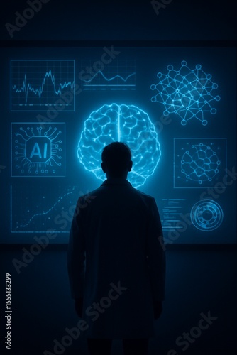 Scientist in lab using AI powered tools to analyze a holographic brain display