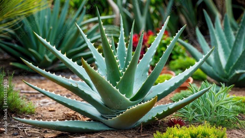 Obraz premium Aloe Vera plant in a garden landscape with other succulents and ground cover.