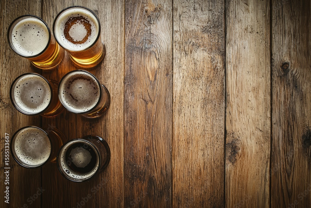 Fototapeta premium Six glasses of foamy craft beer on vintage wood table with copy space, ideal for pub menus, brewery branding, Oktoberfest promotions, and drink-themed marketing designs