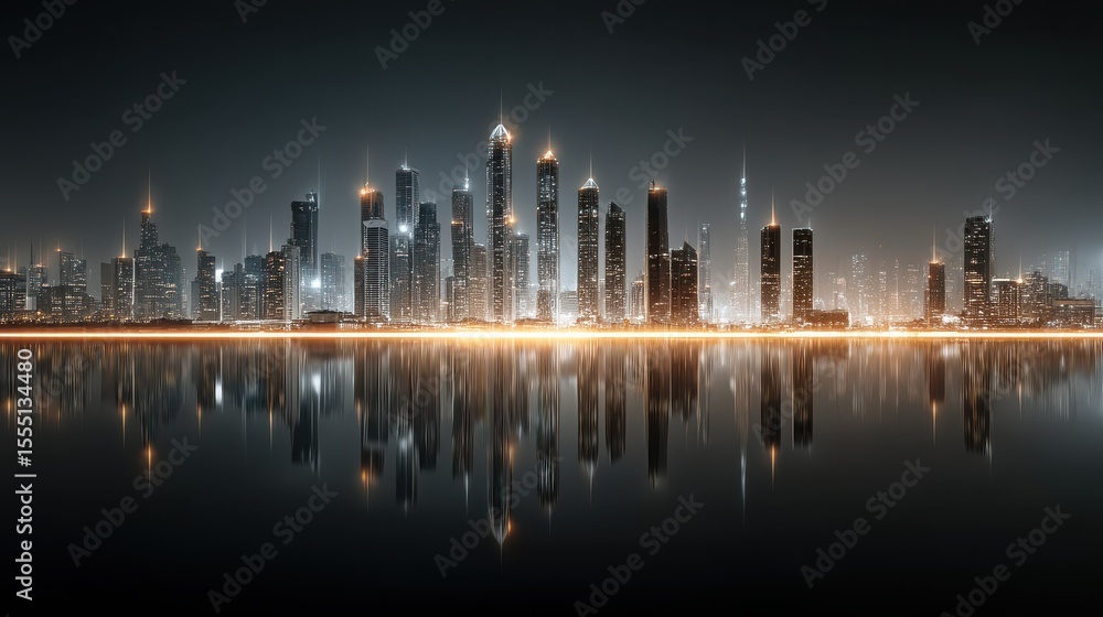 Naklejka premium Glowing Cityscape Reflecting on Water at Night with Sleek Contemporary Architecture