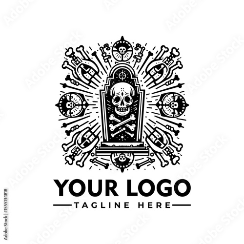 Ornate skull and crossbones emblem, tombstone design, symmetrical bone motif, logo template.