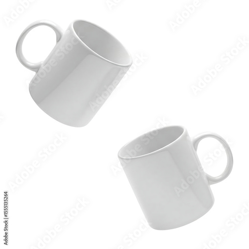 Two floating white mugs for mockup on transparent background